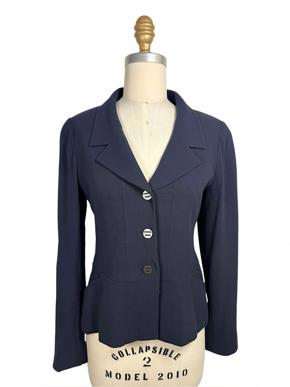 Vintage Chanel Navy Logo Button Tailored Blazer FR38